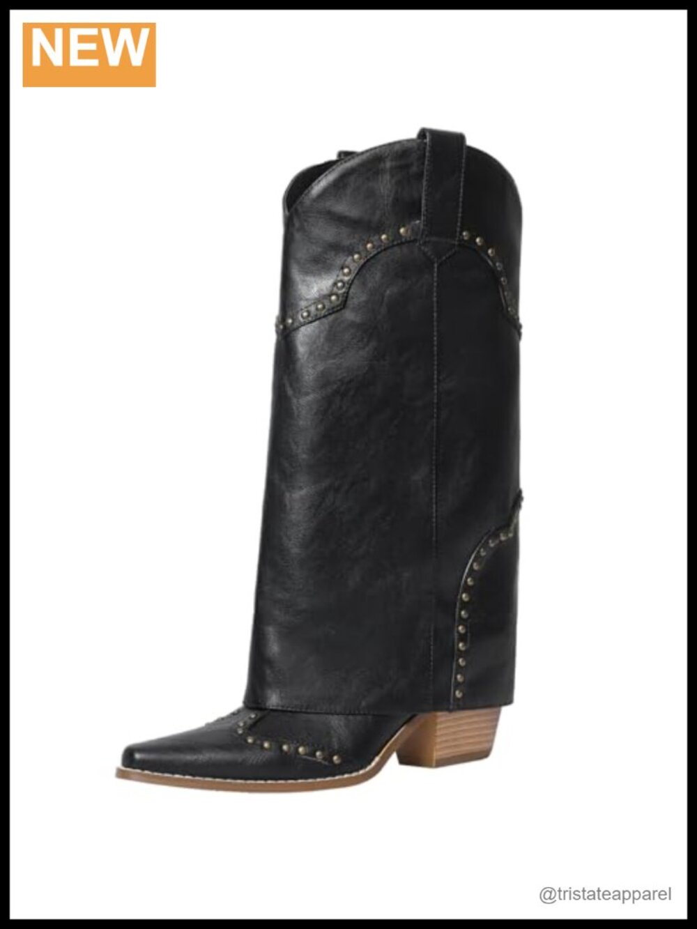Fold Over Knee High Cowgirl Boots for Women Faux Leather Studded 2.36in Heel